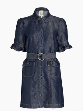 cinq a sept Navy Denim Belted Mini Dress with Ruffle Sleeves